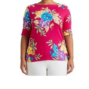 Lauren Ralph Lauren 2XL Black Label Floral Stretched Cuffed Top Pink Tropical